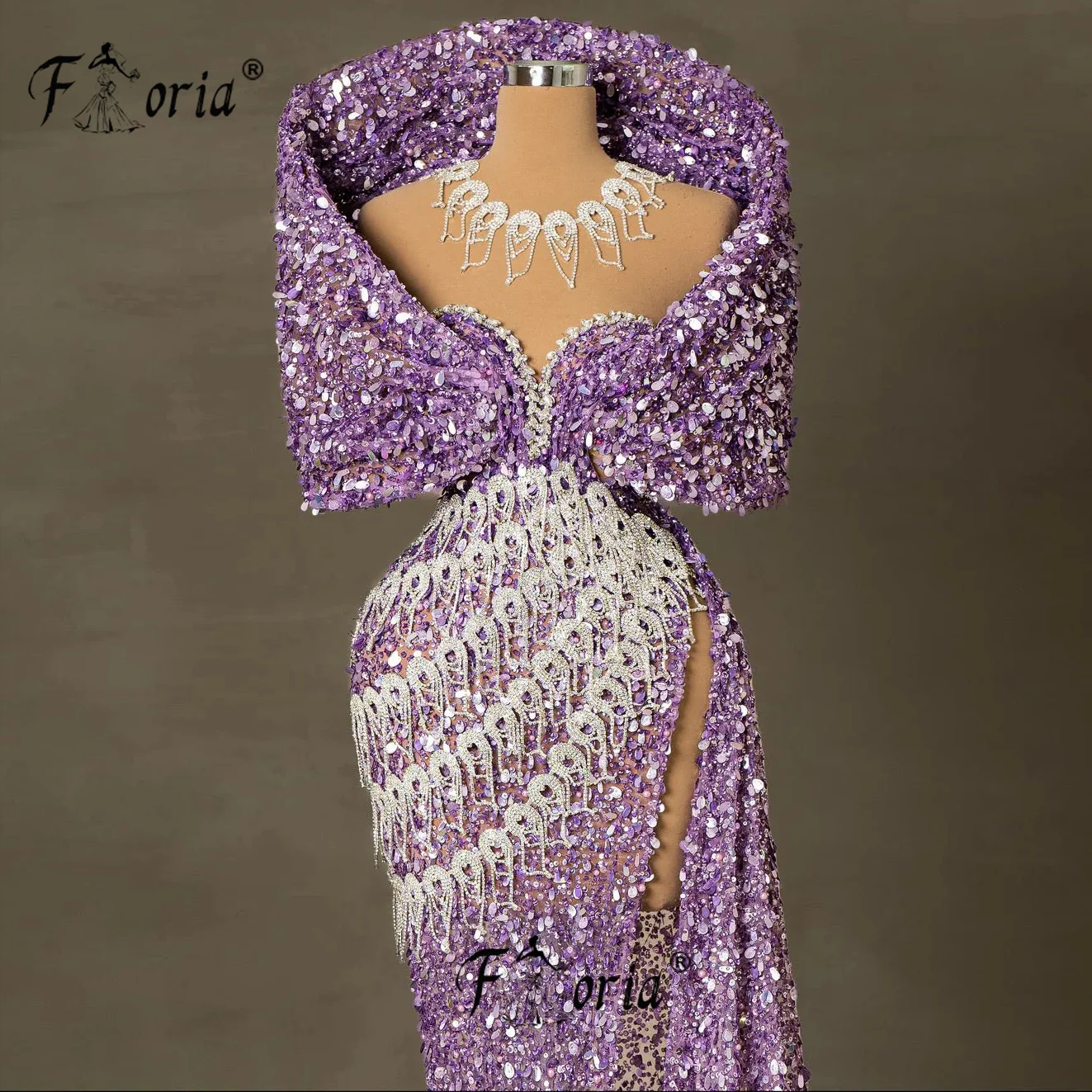 Robe de Soirée de Forme Sirène Violette à Paillettes et Pompons, Tenue de Mariage Enveloppée à Forte Perles, Haute Événement, Dubaï