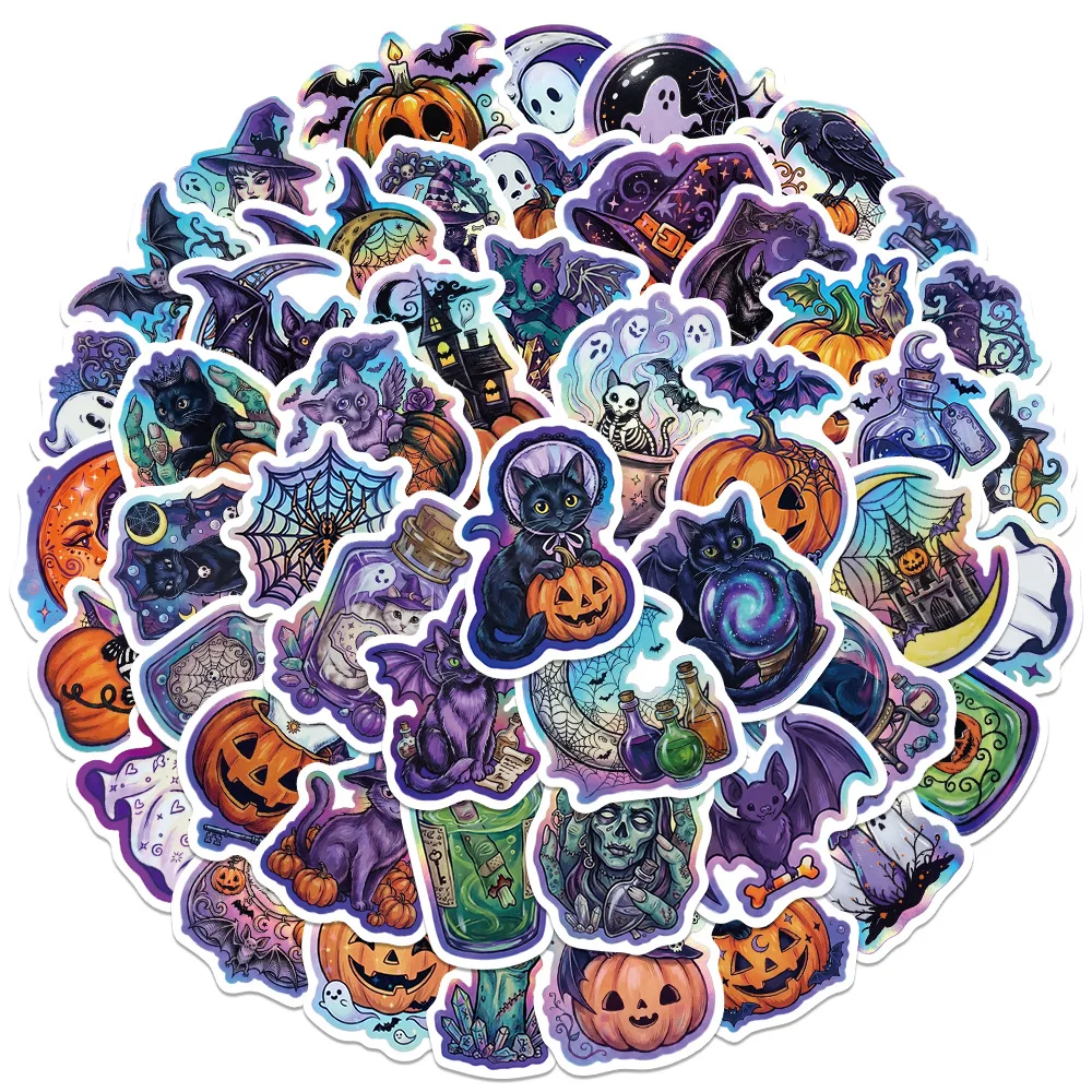 50Pcs Holographic Magic Witch Pumpkin Black Cat Ghost Stickers Halloween Gothic Decals DIY Phone Bike Waterproof Stickers