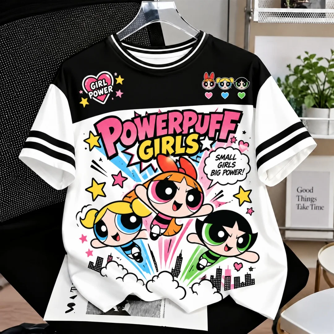 Powerpuff Girls Cartoon T-Shirt Unisex 3D-Druck Farbblock-Streifen-Manschette Kurzarm-T-Shirt Süße Anime-Freizeit-Oberteile Kinder-T-Shirt ﻿ – Detail 5