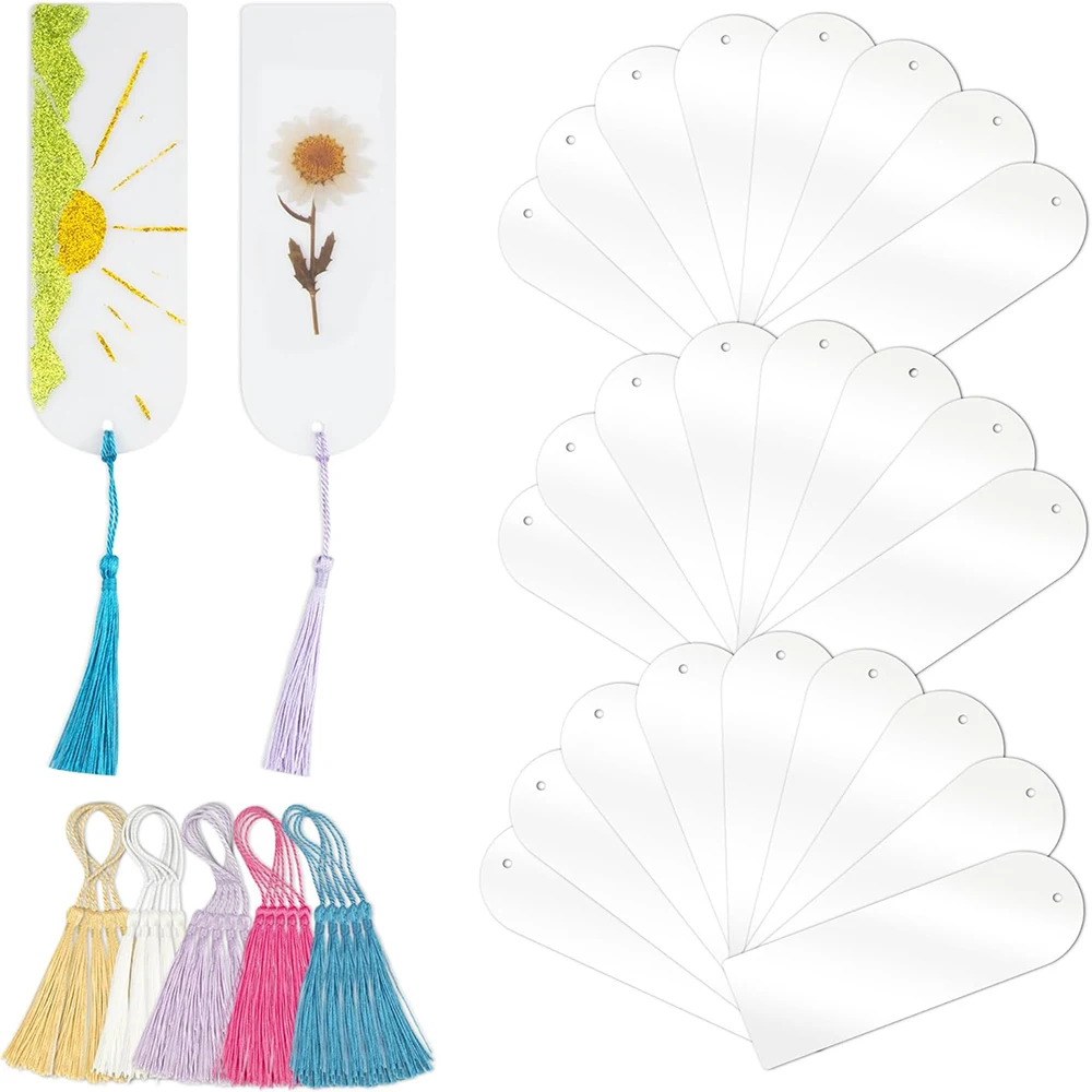 25PCS acrylic Bookmarks Blanks Bulk Semicircle Clear Bookmark Plastic Blank 25 Sets with 5 Color Tassels for DIY Craft Home
