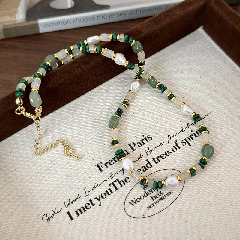 Minar Wholesale Green Color Natural Stone Malachite Simulated Pearl Strand Beaded Necklace for Women Gold Plated Chain Chokers