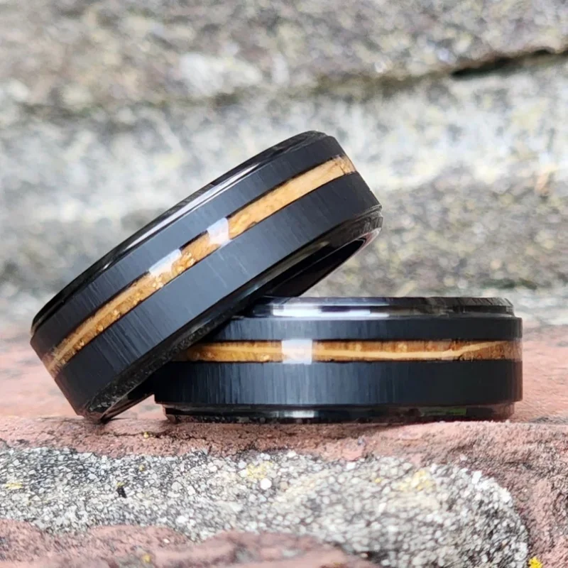 Tungsten and Wood Inlay Man Ring, Black Whiskey Barrel Ring, Mens Wedding Band, Wood Wedding Band or Promise Ring