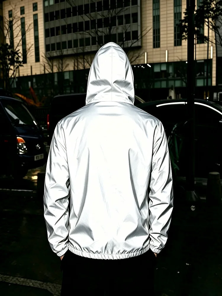 Fashion Reflective Jacket Men's Night Cycling Running Reflect Bright Light Hooded Jacket Hip Hop Streetwear Motorcycle Outerwear