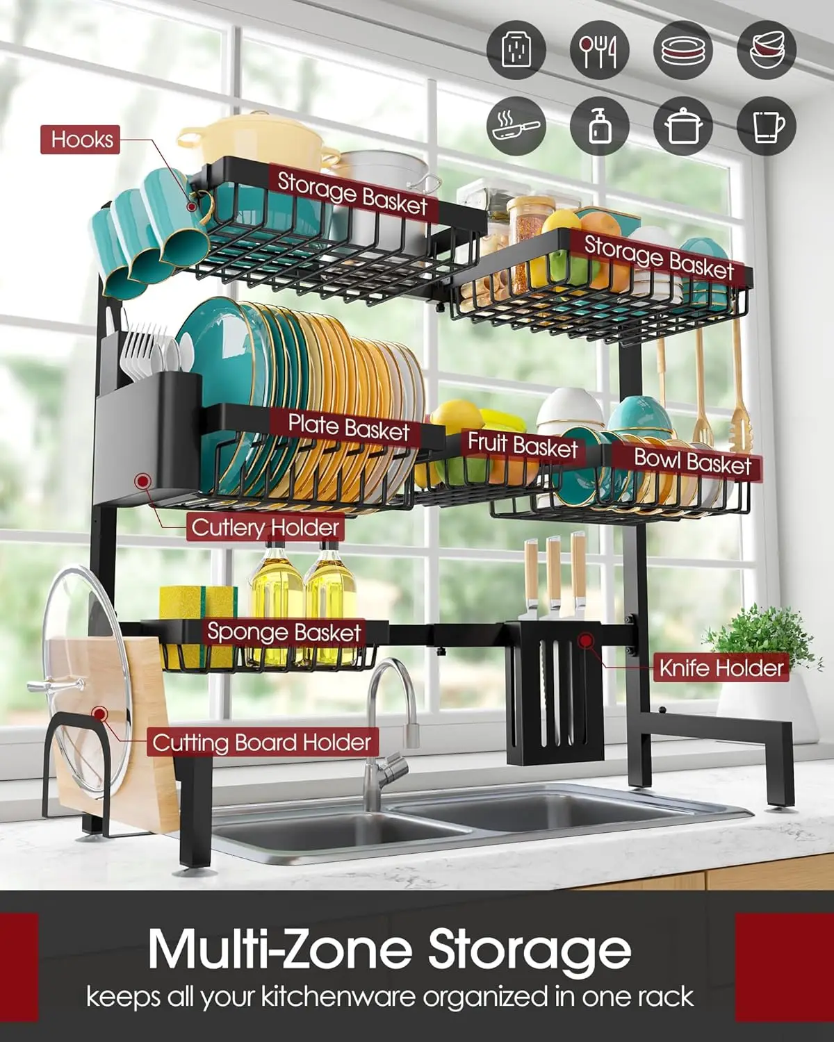 Dish Drainer Stainless Steel 3 Tier XX-Large Adjustable Over Sink with Utensil Holders Black
