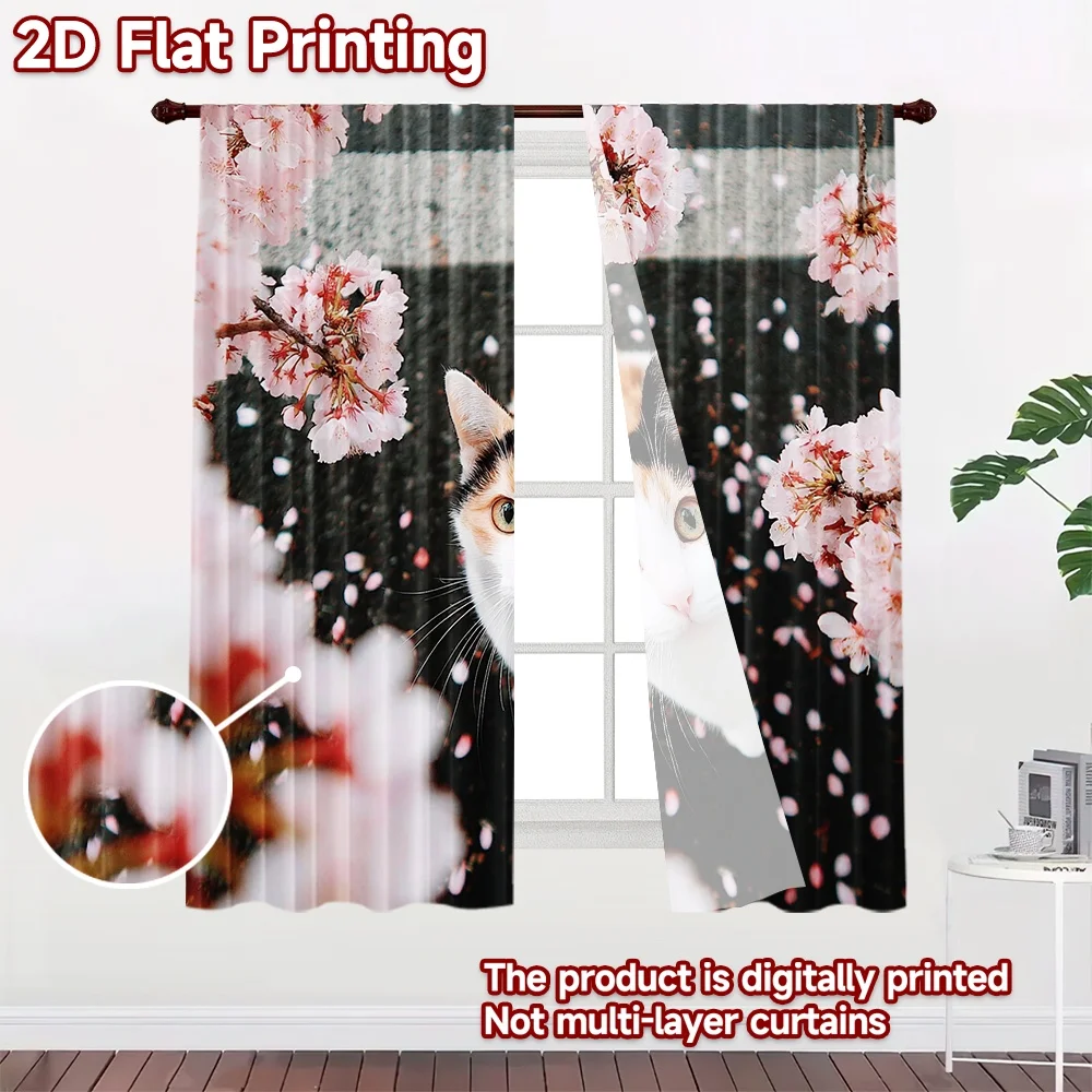 2D flat printing 2pcs Curtains Cat Cherry Blossoms Petals Digital Printed Polyester Drapes Family Party Decoration for Photo