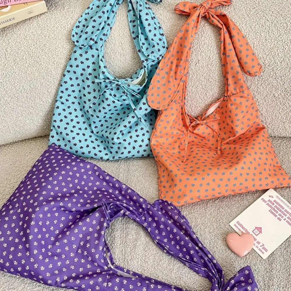 Retro Korean Style Tie Bow Shoulder Bag Prined Large Capacity Floral Pattern Canvas Bag Lightweight Handbags Handbag