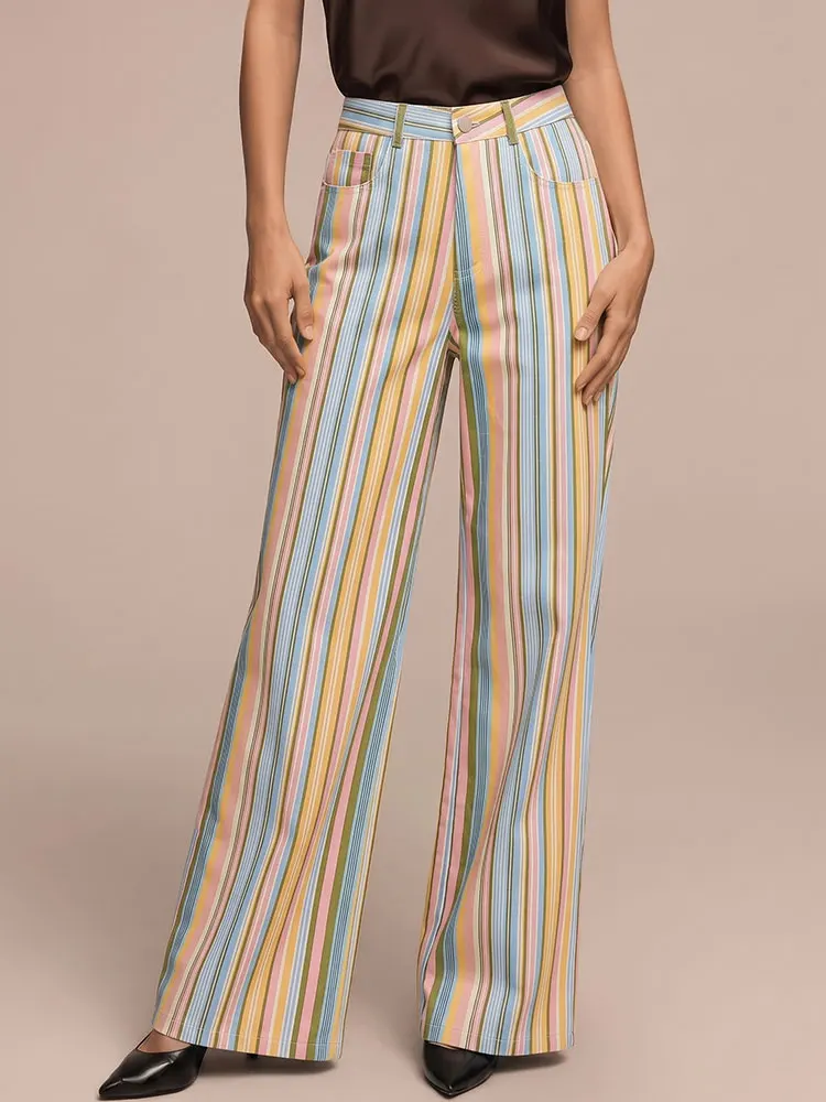 HH Fashion Damen Gestreifte Weite Hose mit Seitentaschen Elegante Party Freizeit Sommer Strand Urlaub Bunte Reißverschluss-Hose