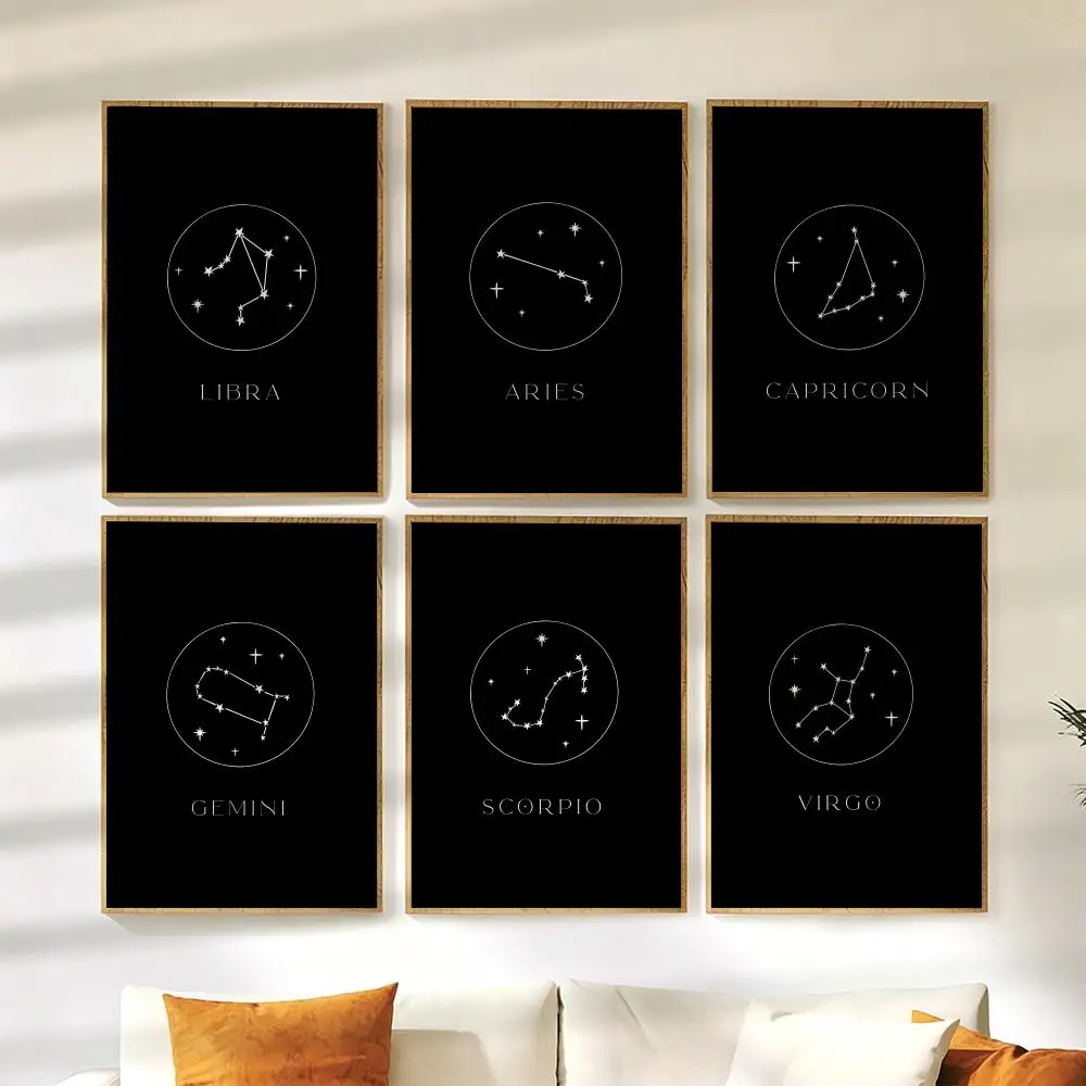 Cream Beige and Black Zodiac Poster Wall Stickers HD Painting Self Adhesive Art Decals for Bedroom Living Room Home Decor