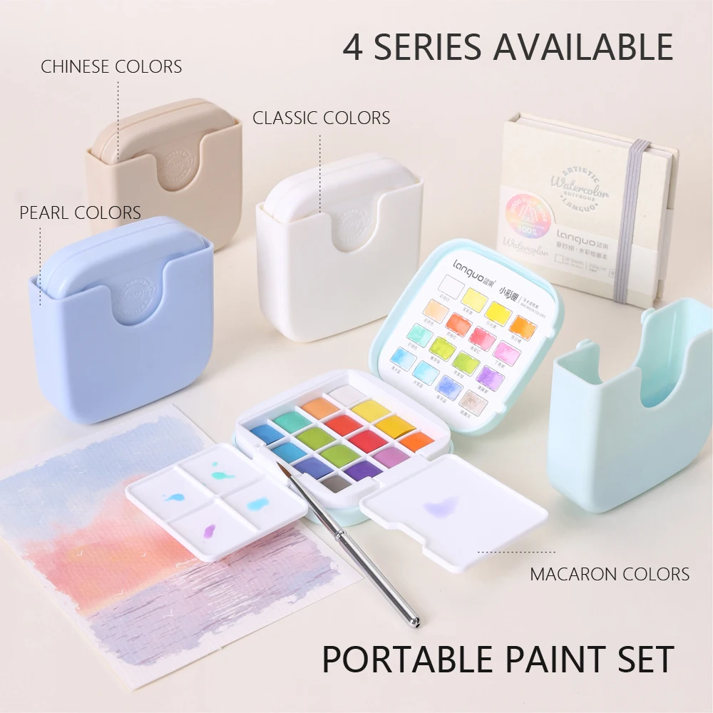 16 Colors Mini Portable Solid Watercolor Paint Set with Brush & Palette Travel Sketching Painting Box for Art Drawing Sketching