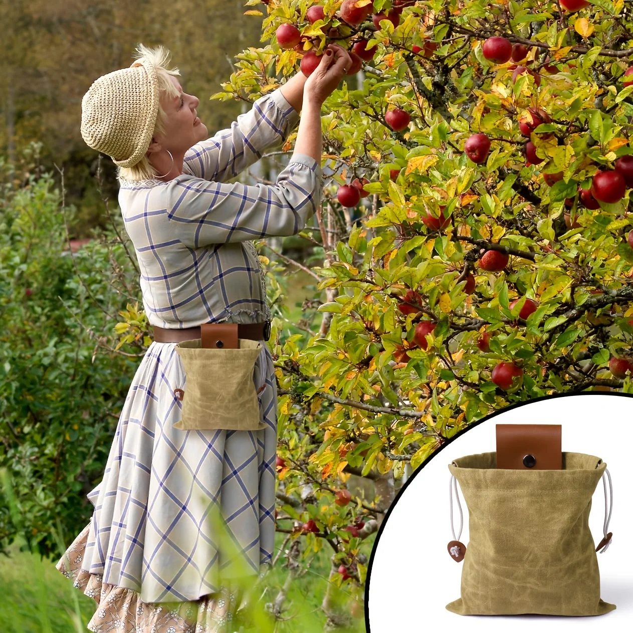 Canvas Foraging Drawstring Pouch, Belt‑Mount Mushroom Berry Collecting Bag, Outdoor Storage Sack for Hiking Camping & Dog Treats