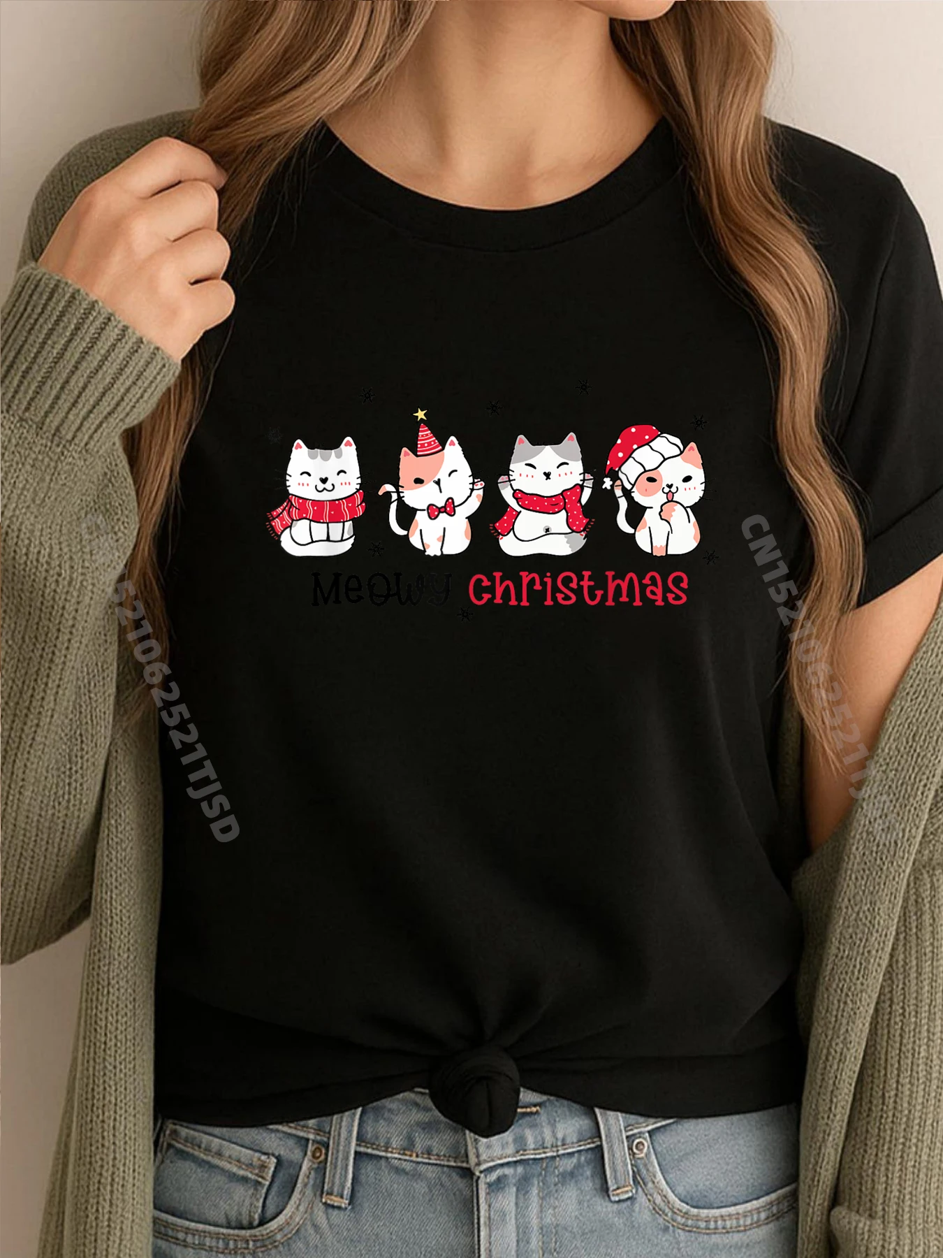 

Meowy Catmas Cat Christmas Cute Kitten Cats Santa Hat Xmas Luxury T Shirt Woman High Quality Mens T Shirt