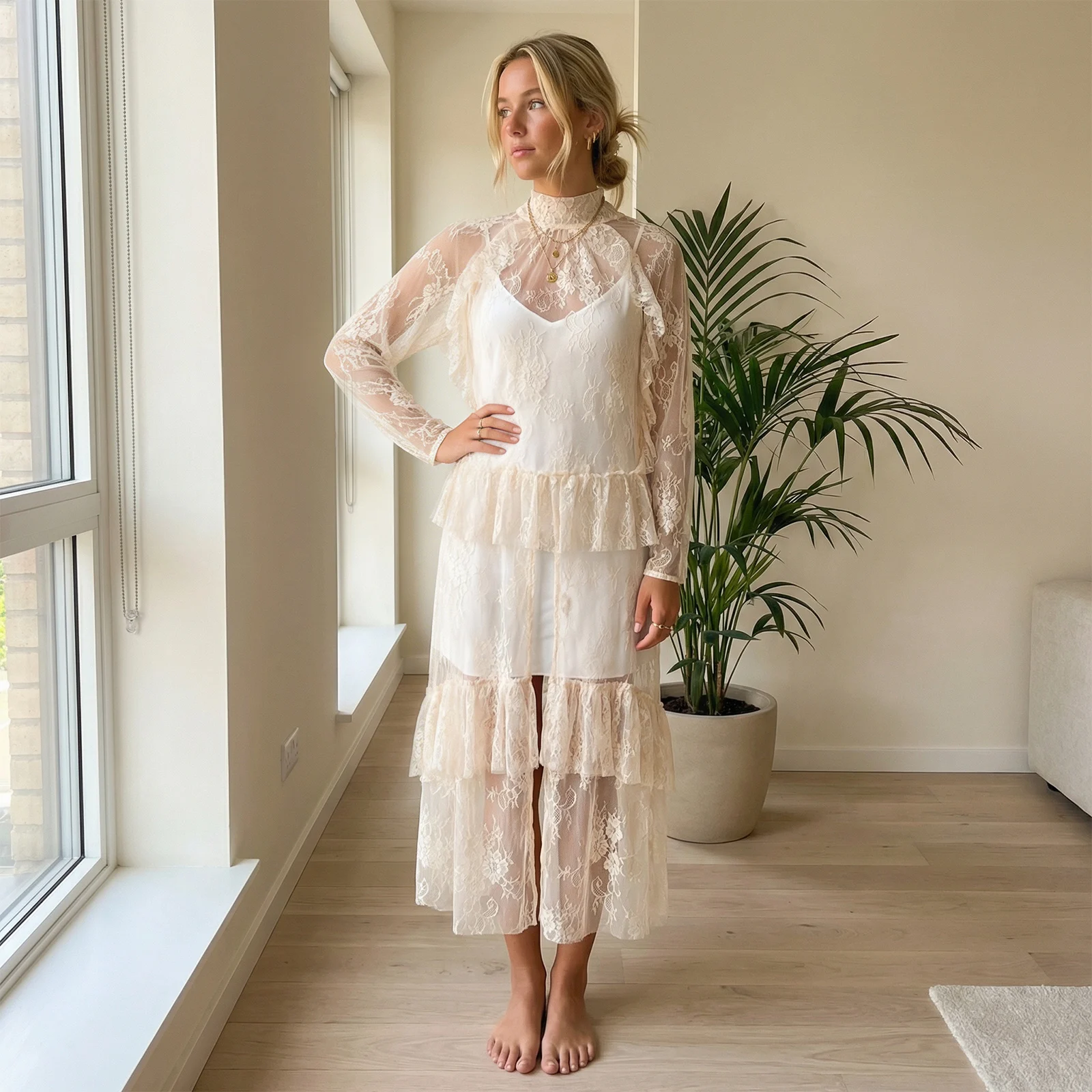 

Women Sheer Lace Elegant See Through Long Sleeve High Neck Short Front Long Back Asymmetrical Flowy Cover Up