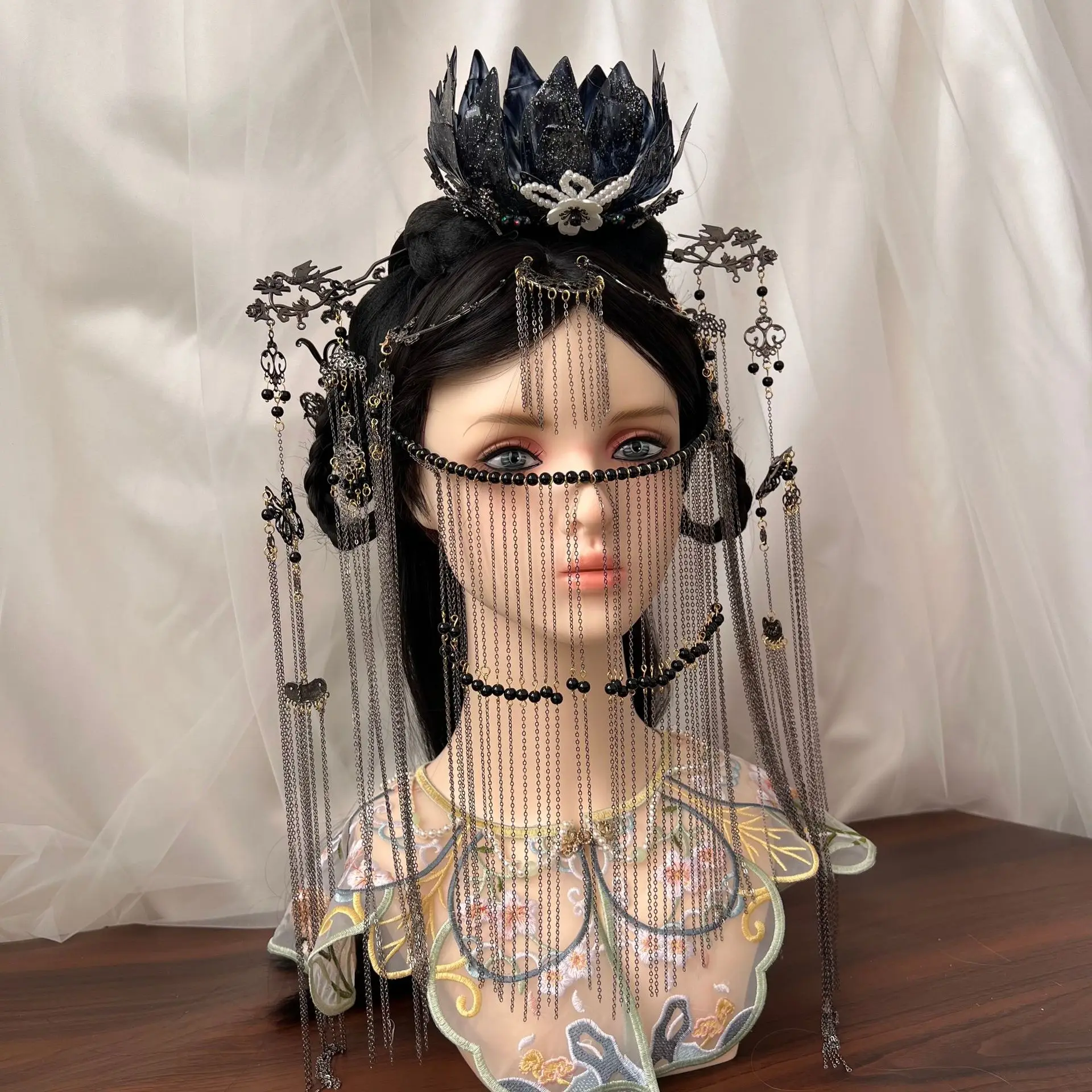 الغربية السوداء الطراز القديم الغريبة نمط الجبين الدانتيل Hanfu سوبر الرقص فتاة شرابة الستار إكسسوارات الشعر البدلة