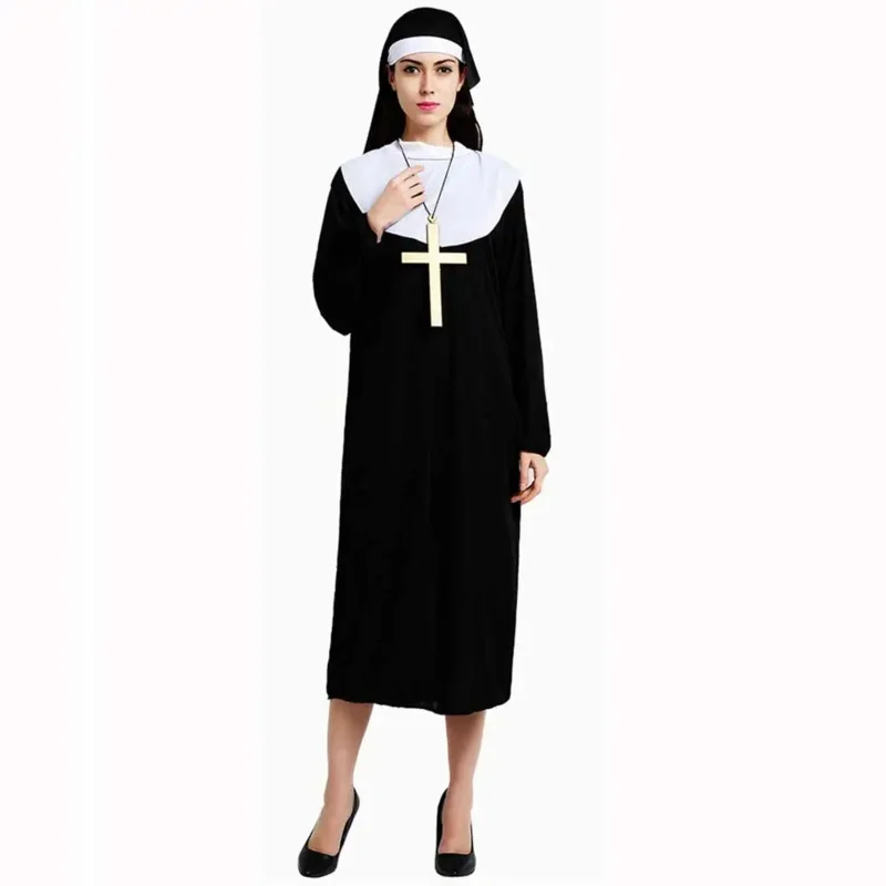 فستان تنكرية كلاسيكي للسيدات البالغات من Bear's Den أزياء الهالوين الراهبات عادة دينية مع حجاب راهبة أسود وحزام D جديد 2025
