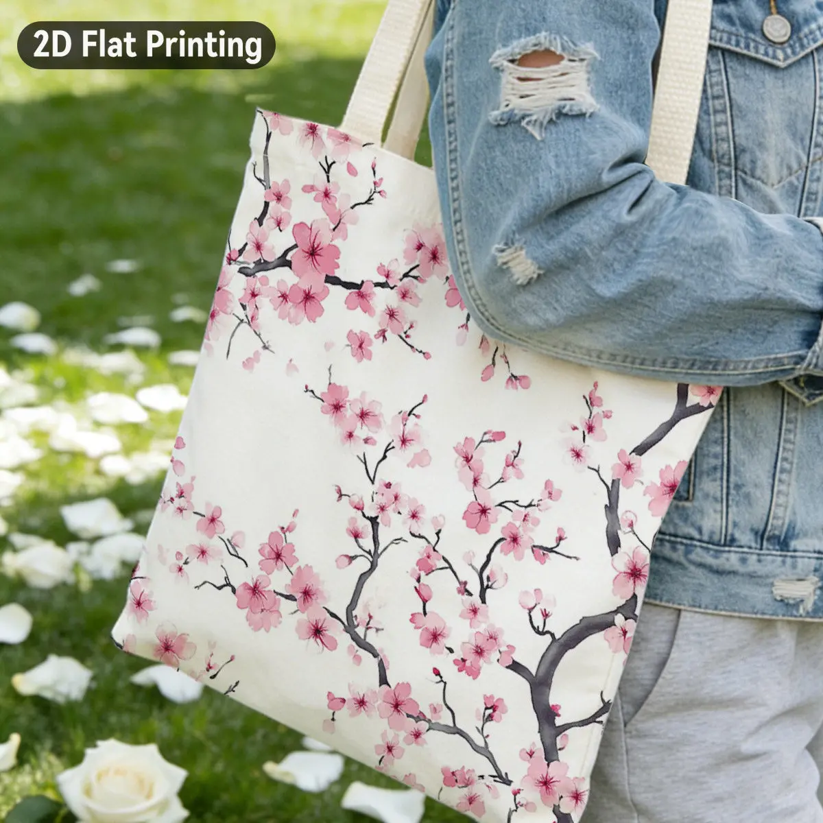 2D Flat 1pc Watercolor Cherry Blossom Branches Durable Tote Bag, Duplex Prints Delicate Pink Cherry Blossoms on White, Ideal for