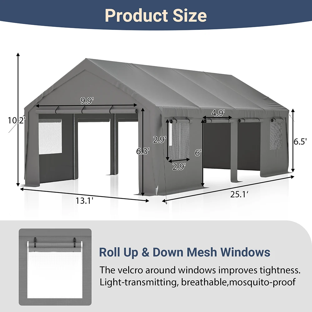 Heavy Duty Carport Waterproof UV Resistant Outdoor Shelter with Roll-Up Curtains and Sliding Windows, Sturdy Durable All-Season