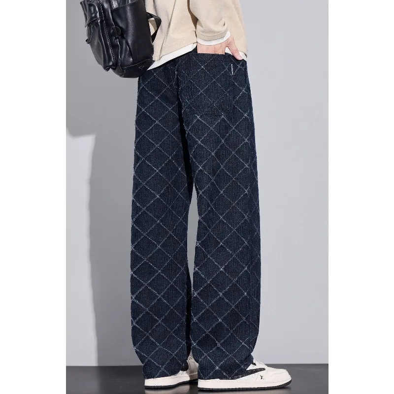 Men's American Style Plaid Sweatpants – Autumn Casual Drawstring Wide-Leg Trousers with Geometric Pattern