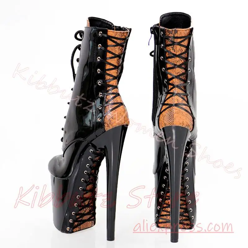 Stiletto Platform Ankle Boots Women Patent Leather Lace Up Back Snake Patch Goth Clubwear Punk Fashion Shoes Mixed Color Fashion