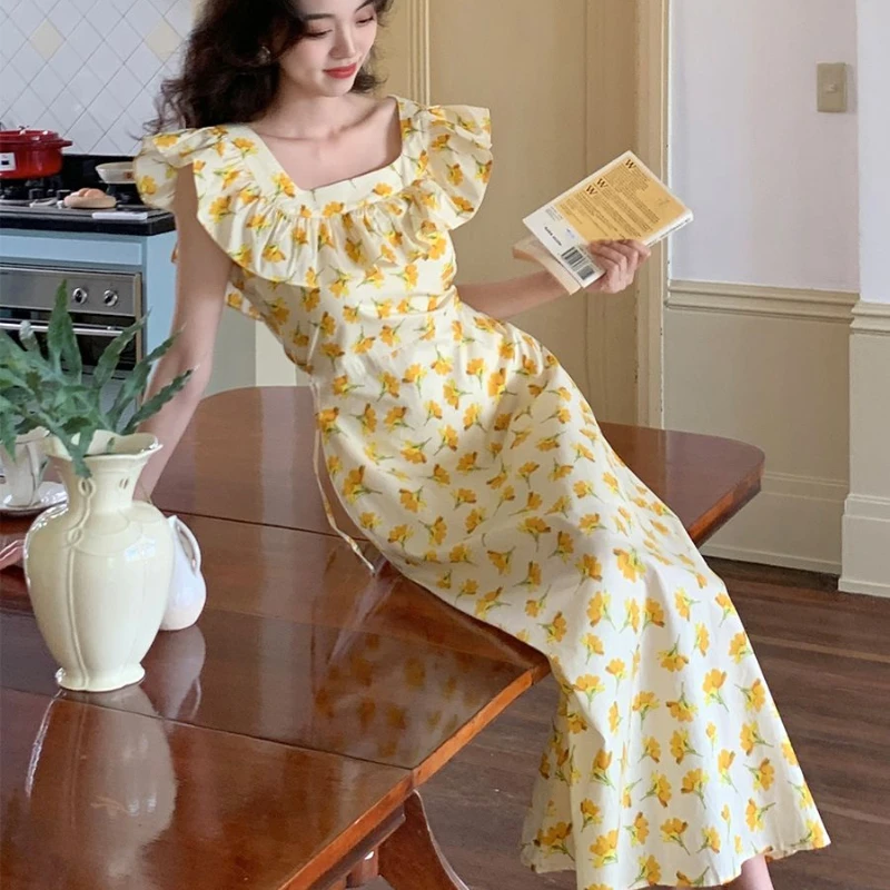 

French Floral Dress Female Summer Slim Square Collar Temperament Ruffled Long Skirt
