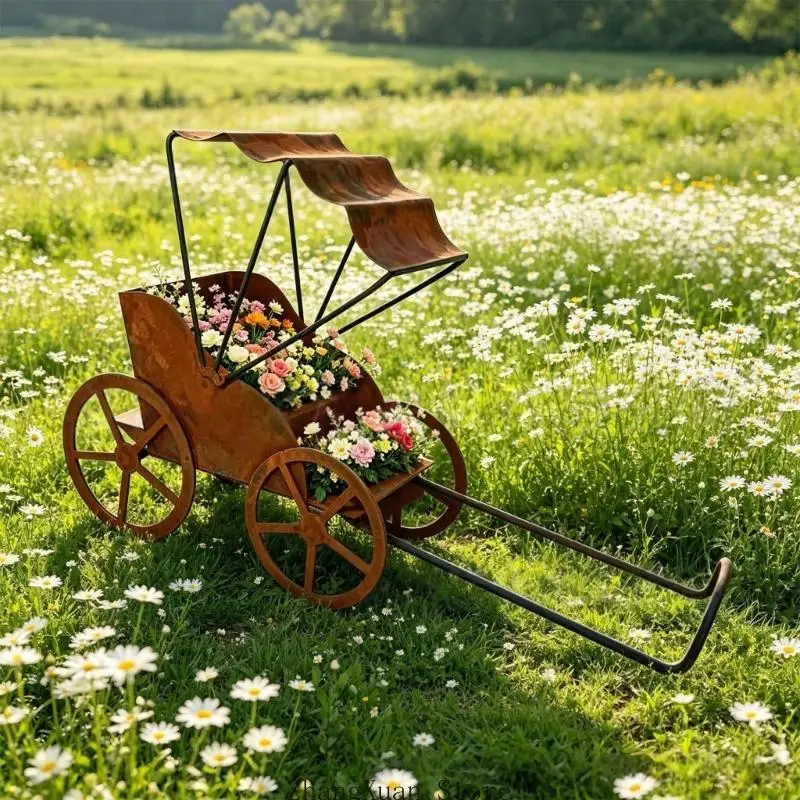 Rostiger Metall-Rikscha-Blumentopfwagen für Balkon, Eingangsdisplay, 3 x – Detail 7