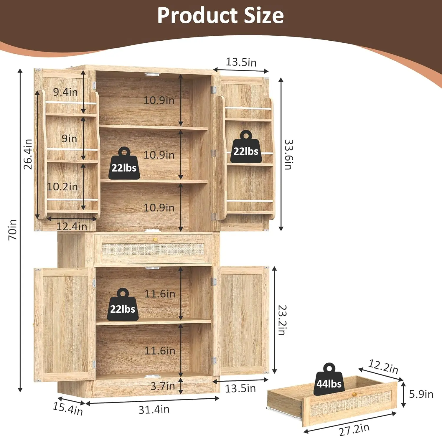 Armoire de garde-manger de cuisine avec portes en rotin, armoire de garde-manger grande 70 en effet, planche Chi autoportante, étagères réglables