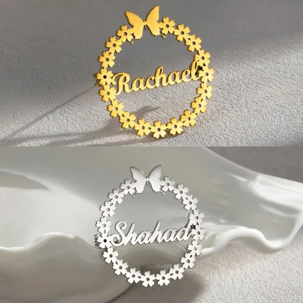 Custom Name Brooch Stainless Steel Butterfly Flower Wreath Lapel Pin Text Nameplate Brooch Women Suit Jewelry Birthday Wedding