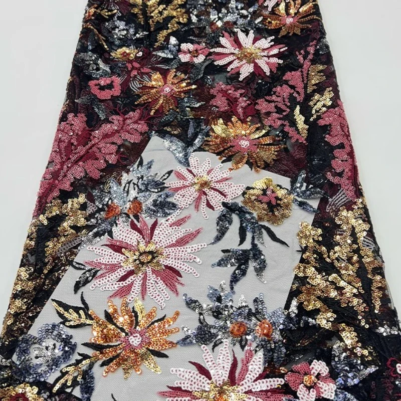 

French luxurious lace mesh, African high-quality colored sequined sunflower flower sequined embroidered lace fabric dress