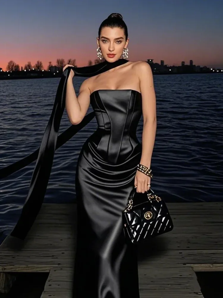 

Women Elegant Solid Sleeveless Two-piece Set Satin Scarf Top Long Skirt Waist Cinching Suits Summer Holiday Slim Fit Outfits New