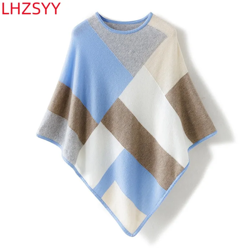 LHZSYY 100% Cashmere Shawl Checked Tops Women Four Seasons Thin Shawl High-End Cashmere Cloak Pullover Fashion OUTER Knit Scarf