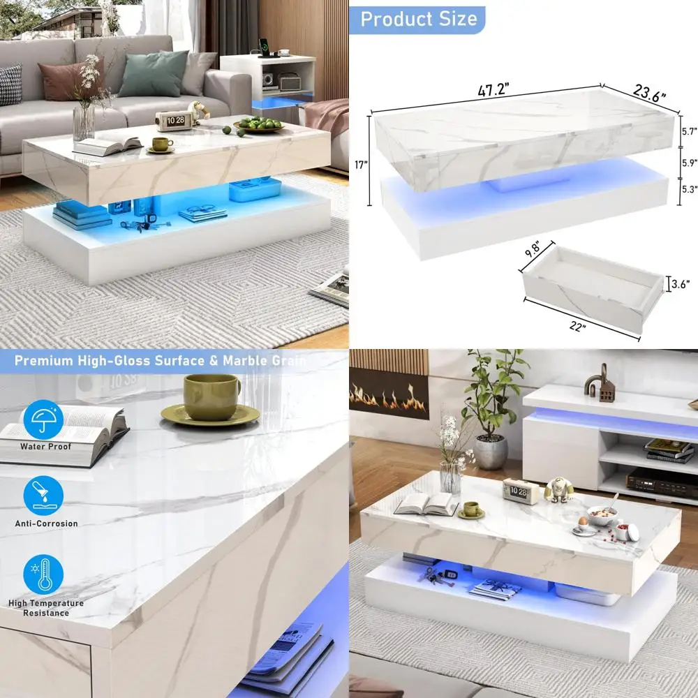 Modern Large High-Gloss LED Coffee Table with Sliding Drawers, Living Room Storage Solution featuring Marble Print Design