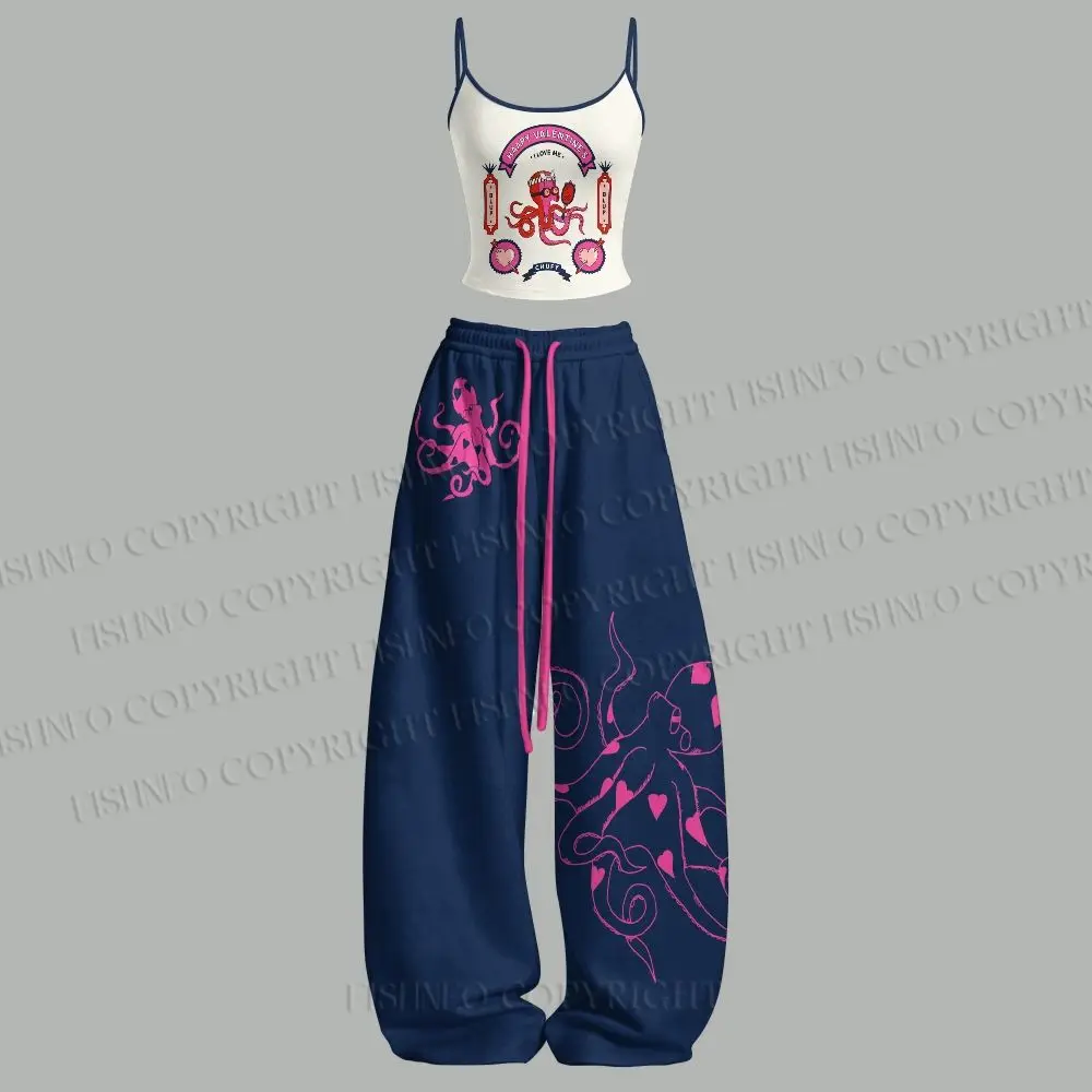 Octopus Top Elasticated Trousers Two Piece Set Outfit Yoga Fitness Women Suit