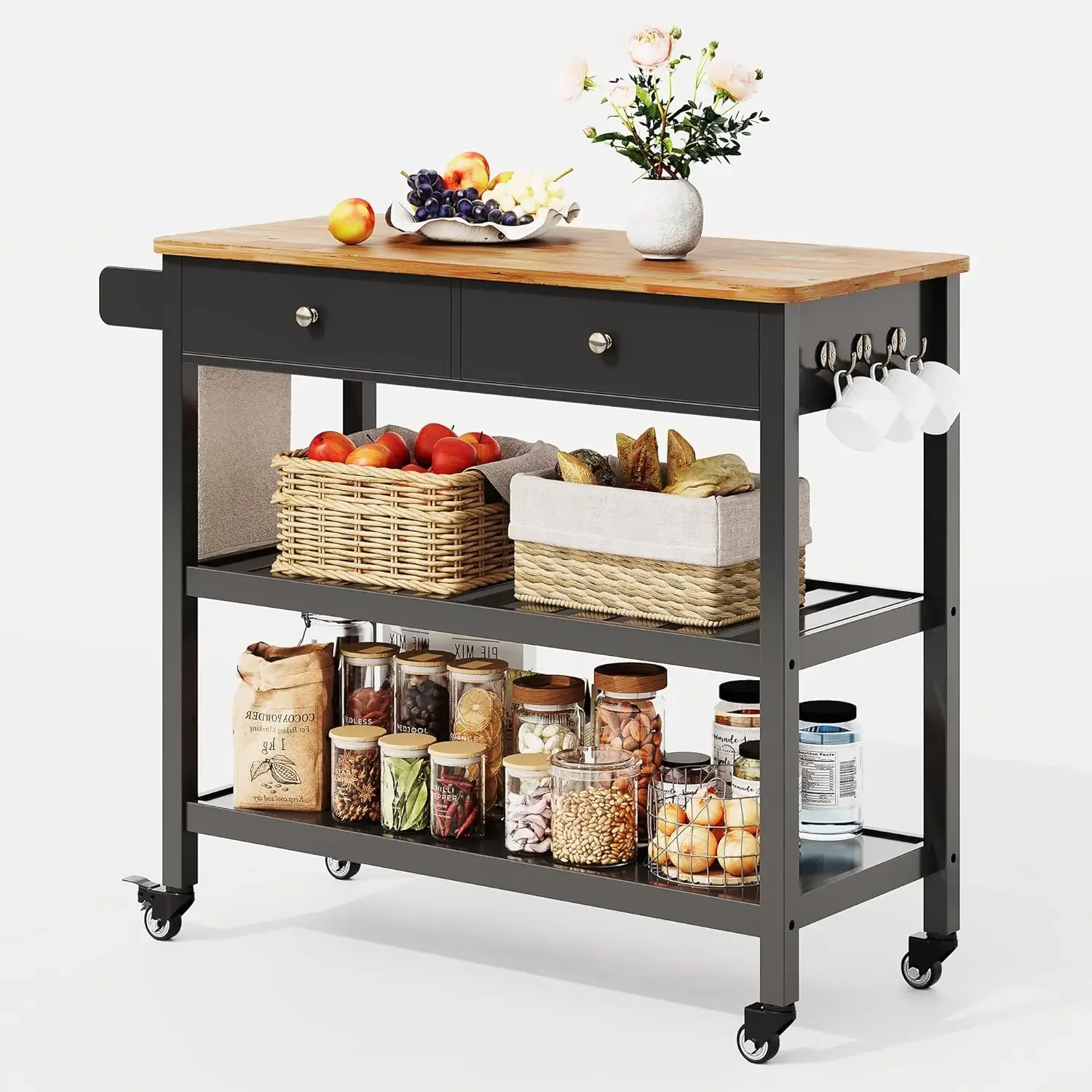 Kitchen Island Cart on Wheels with 40''Wood Tabletop, 2 Open Tiers Spacious Storage Shelves and Towel Rack, Rolling Utility Cart