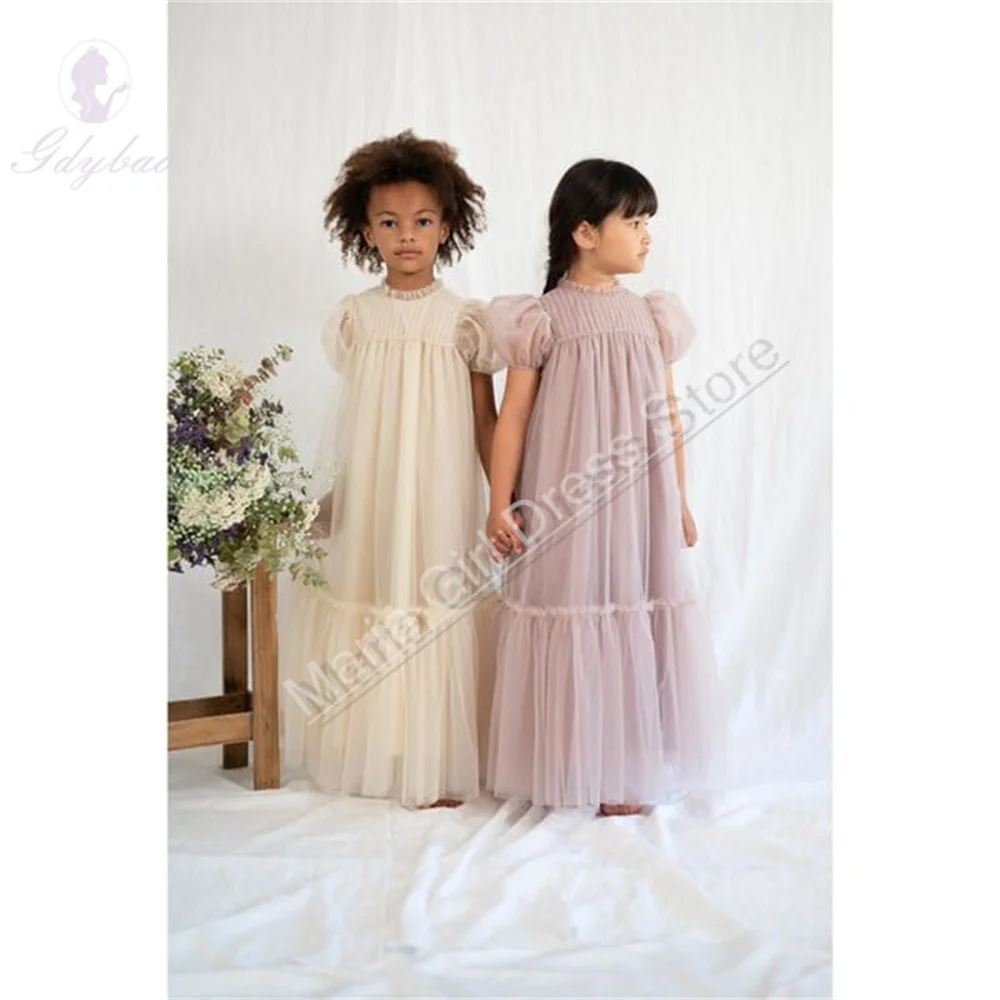 Girl Dresses Wedding Fluffy Mesh Bubble Short-sleeve Long Dress Suitable Celebrity Events Children's Piano Solo Performances