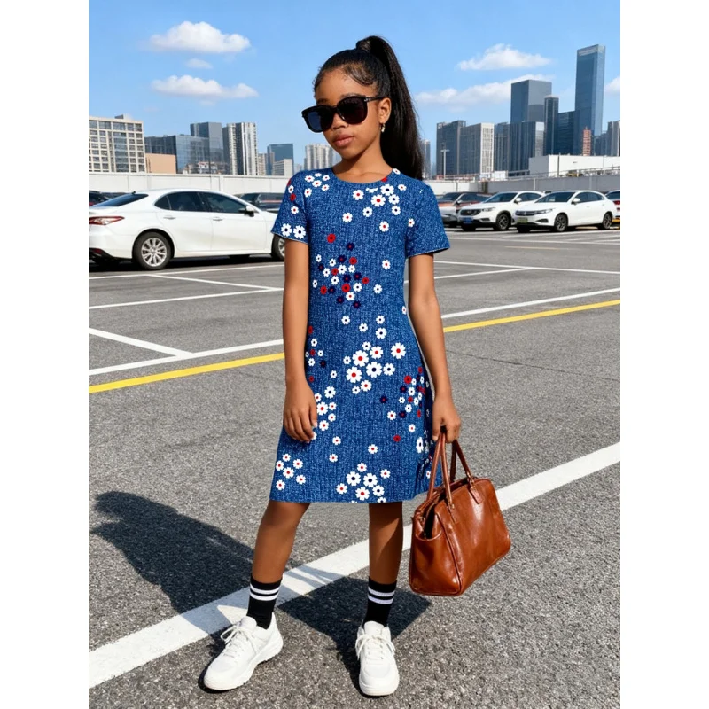 2025 Girls' Fashion Casual, Trendy Versatile, Blue Imitation Denim Daisy Print Short Sleeve Dress