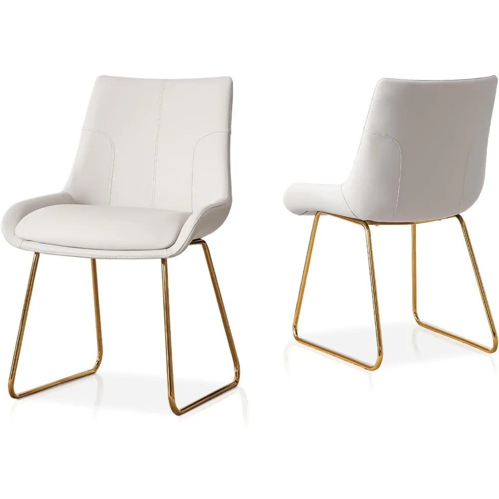 Dining Chair Set of 2 Dining Room Chair 2 Off-White with Gold Legs  Kitchen Faux Leather Chairs