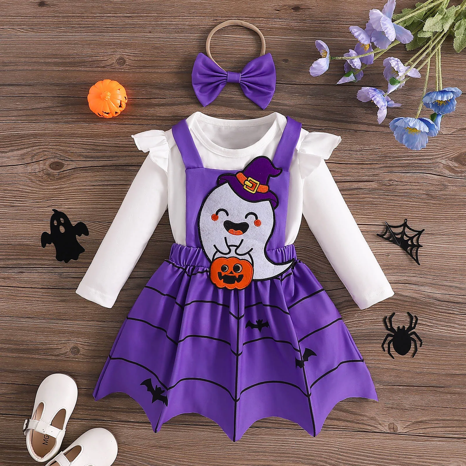 

3pcs Cartoon Halloween Infant Baby Girls Pumpkin Bat Embroidery Suspender Dress Solid Color Long Sleeve Bodysuit with Headband