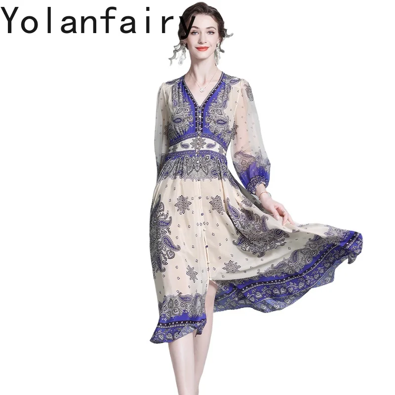 

YOLANFAIRY Высококачественное платье из 100% натурального шелка тутового шелка, женская одежда, осенние элегантные платья с v-образным вырезом на день рождения, длинное платье с принтом