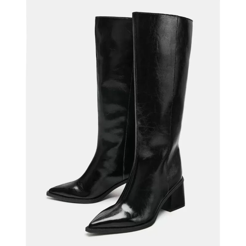 

Зимние женские сапоги до колена с острым носком на массивном каблуке, в лаконичном стиле, из черной кожи, дизайнерские, класса люкс, Botas Mujer