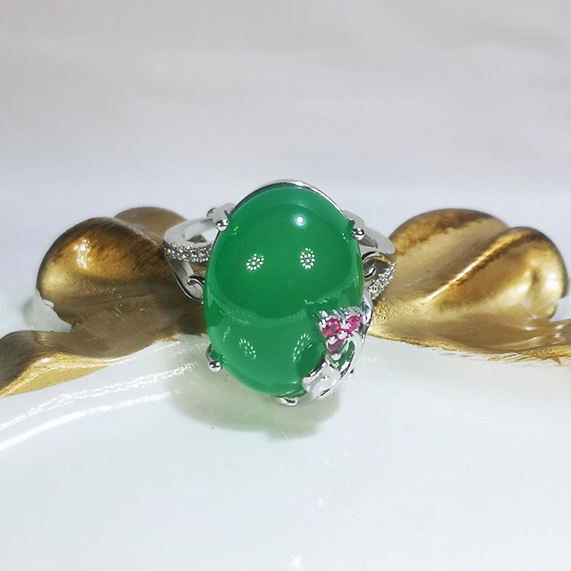 925 Silver Sterling Green Chalcedony Jewelry 15ct 13mm*18mm 100% Natural Chalcedony Ring with Certificate