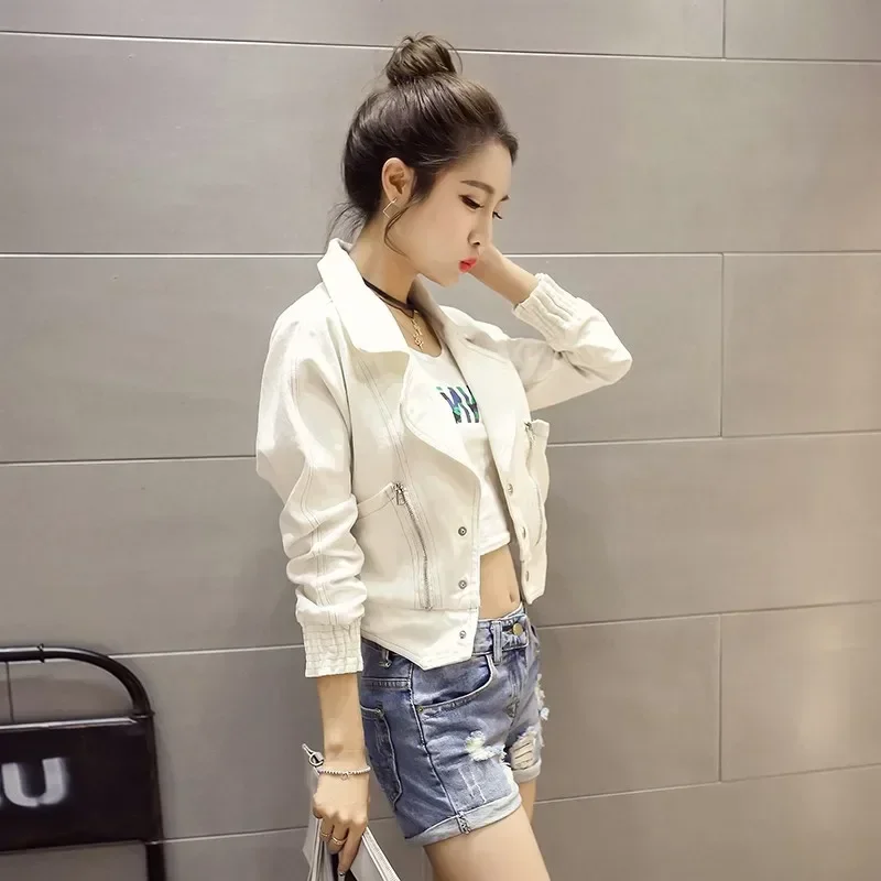 Small Outerwears Spring Autumn Short White Female Jeans Coat Plain Crop Women\'s Denim Jackets Original Designer Demi-season