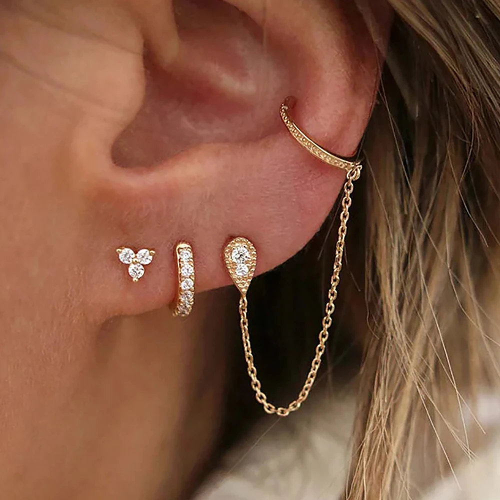 3PCS Stainless Steel Chain Water Drop Earring Set For Women Crystal Zirconia Dangle Earring Hypoallerg Piercing Jewelry aretes
