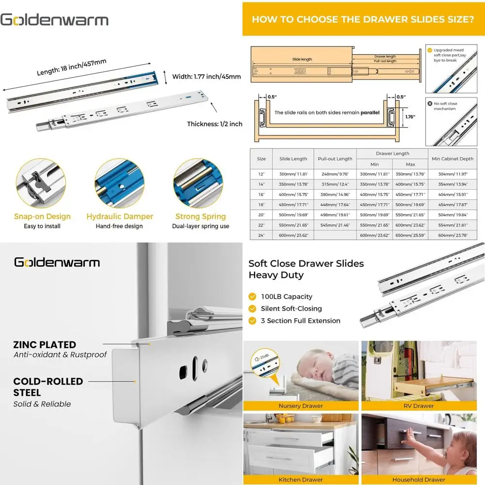 

Направляющие для выдвижных ящиков с плавным закрыванием, 18 дюймов, 10 штук, усиленные, боковое крепление, нагрузка до 45 кг, на шарикоподшипниках, для шкафов и кухонь