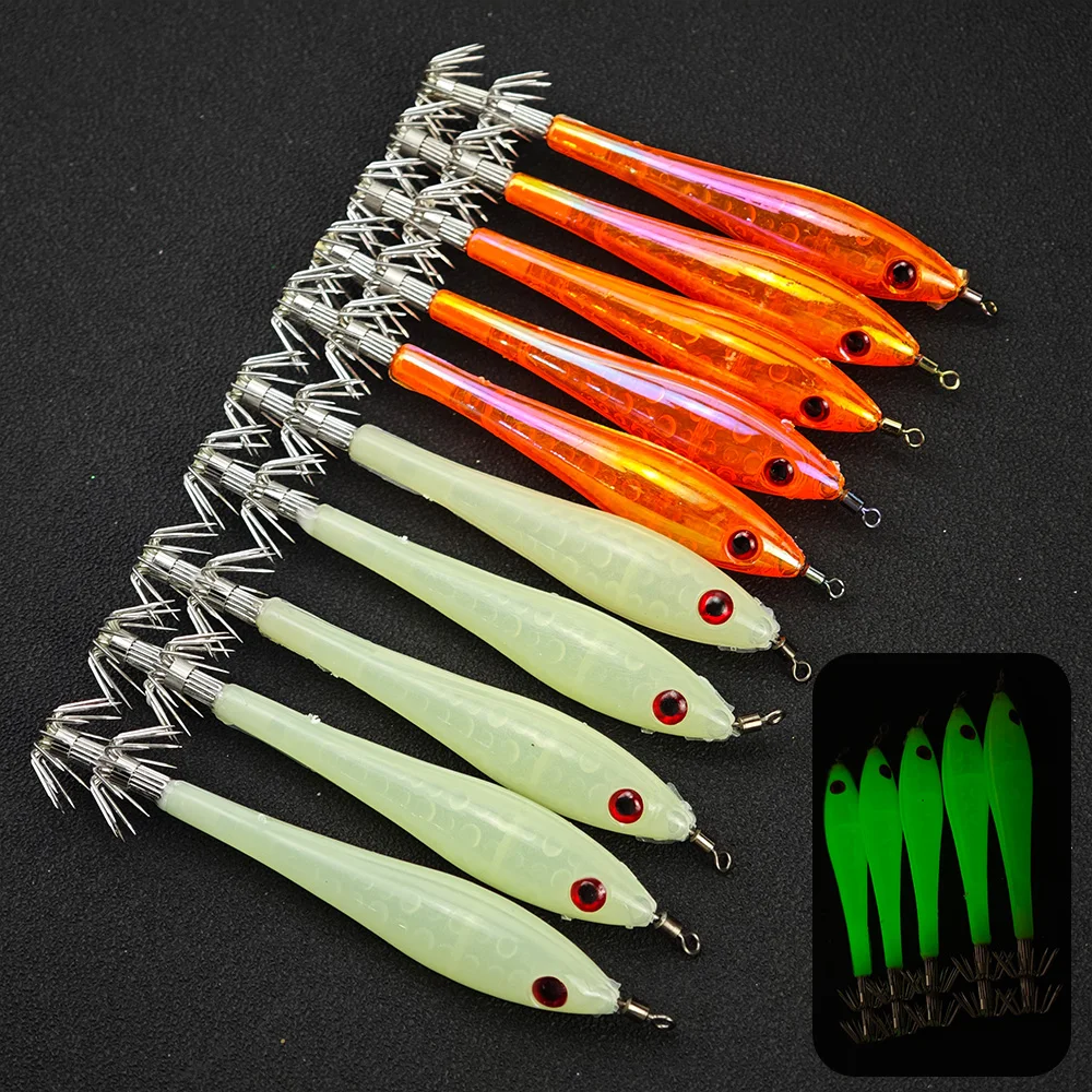 Ackibbik 5pcs/set Shrimp Lures Squid Jig Lure Hooks Saltwater Fishing Lures Night Fishing Cuttlefish Fishing Accessories