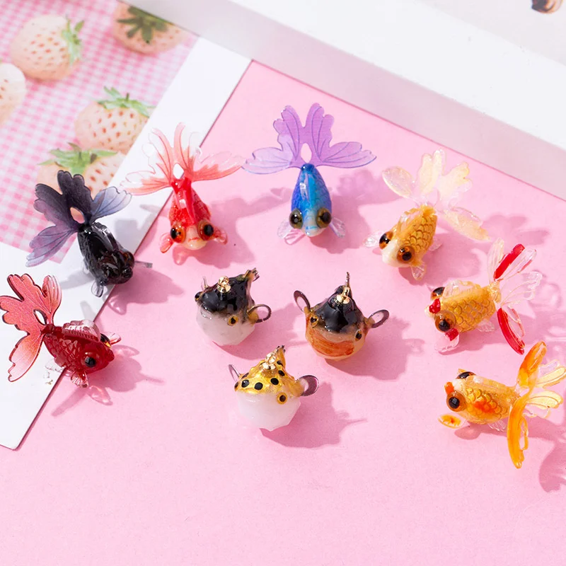 Min order 20pcs/lot color print animals cartoon goldfish blowfish  shape resin beads charms diy jewelry pendant accessory