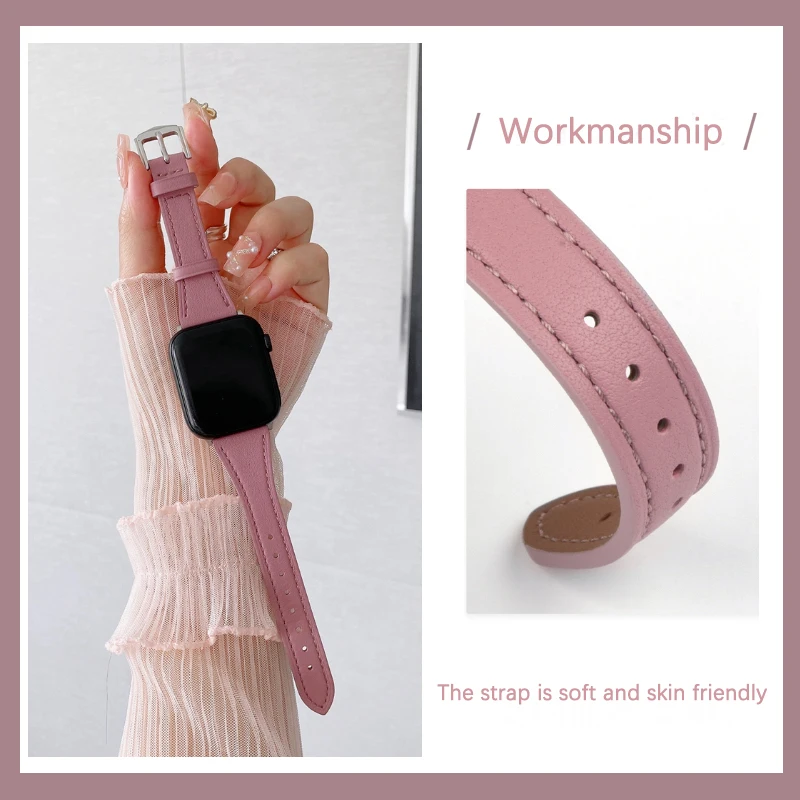 Slim Real Leather Band For Apple Watch 9 8 7 41/45mm cowhide Girl Strap 40mm 44mm 38/42mm 49 Bracelet For iWatch Series SE 6 5 4