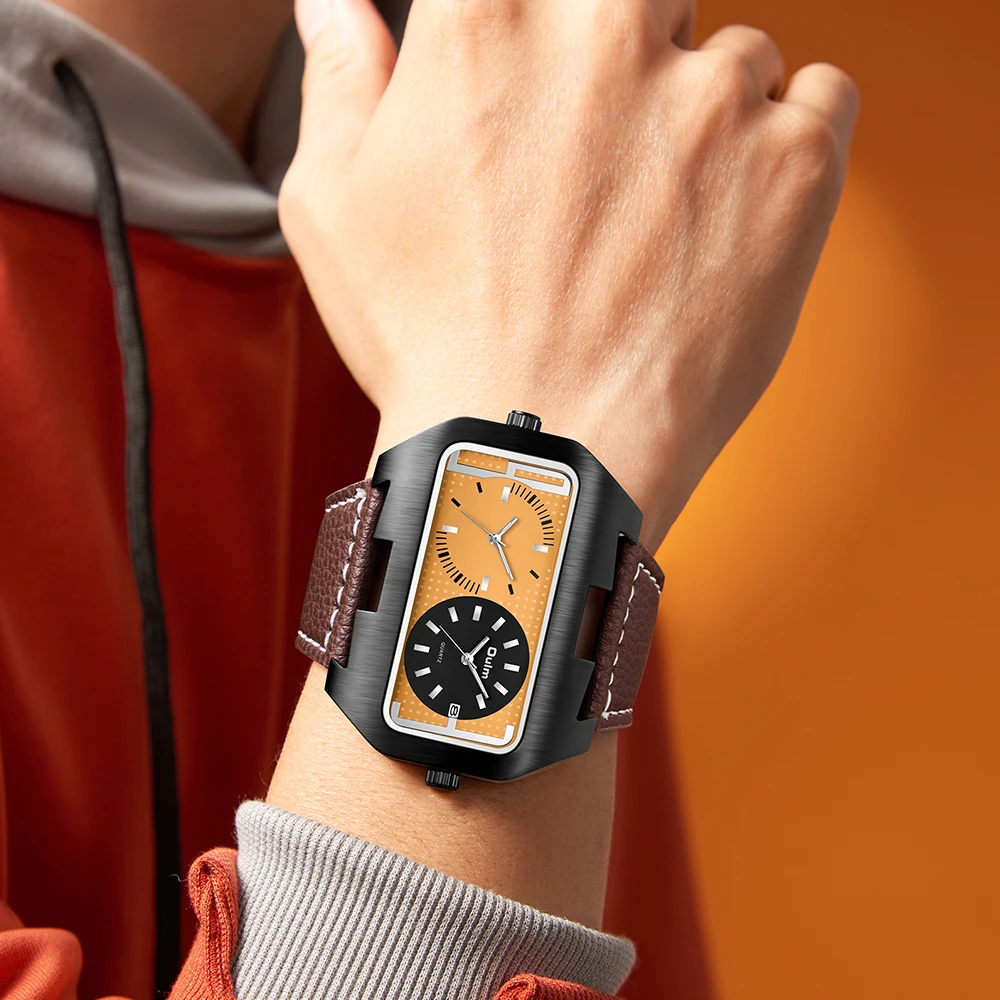 Oulm موضة جديدة تريند كول ساعة رجالي ضوء الليل التقويم وظيفة المنطقة الزمنية المزدوجة مستطيلة كبيرة الطلب ساعة كوارتز reloj