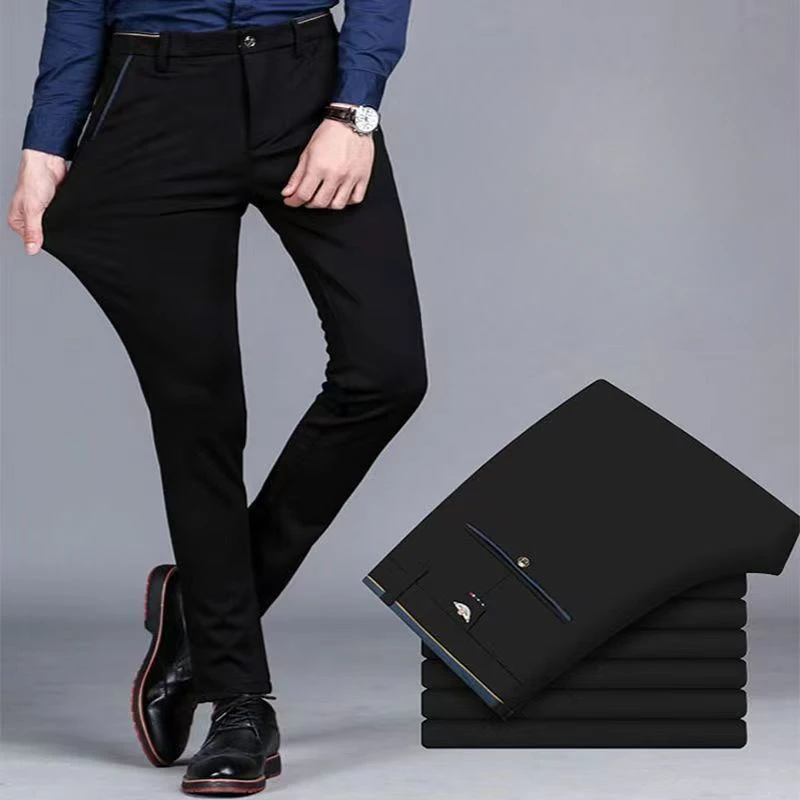 Premium Elastic Dress Trousers Men Suit Pants for Business Straight-Fit No-Iron Flat-Front Fashion Formal Pants Black Navy Blue