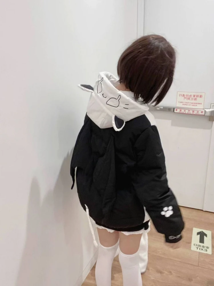 Japanese Cartoon Print Kawaii Y2k Parkas Contrast Color Ear Cute Padded Women Grunge Aesthetic Loose Wadded Coats