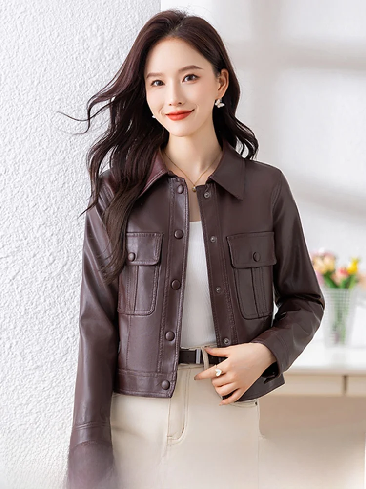 Faionable Motorcycle Sle ort Leather Jaet Women's Slim Fit eepskin Coat Real Leather New Arrival Autumn Winter