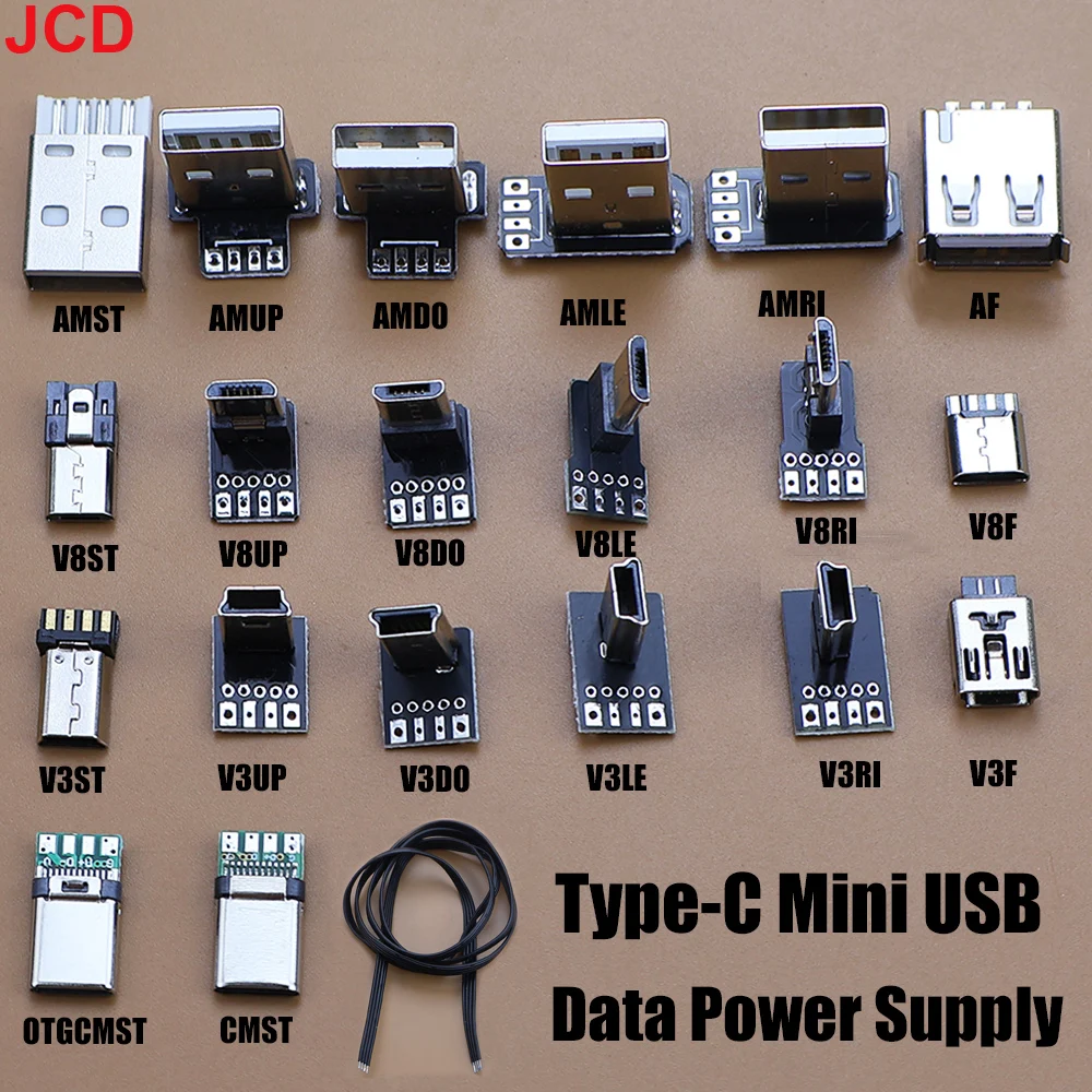 JCD 2pcs USB 2.0 Plug Up, Down, Left, Right L-Shaped Elbow 90 Degrees Android Micro Type-C Mini USB Data Power Supply Connector